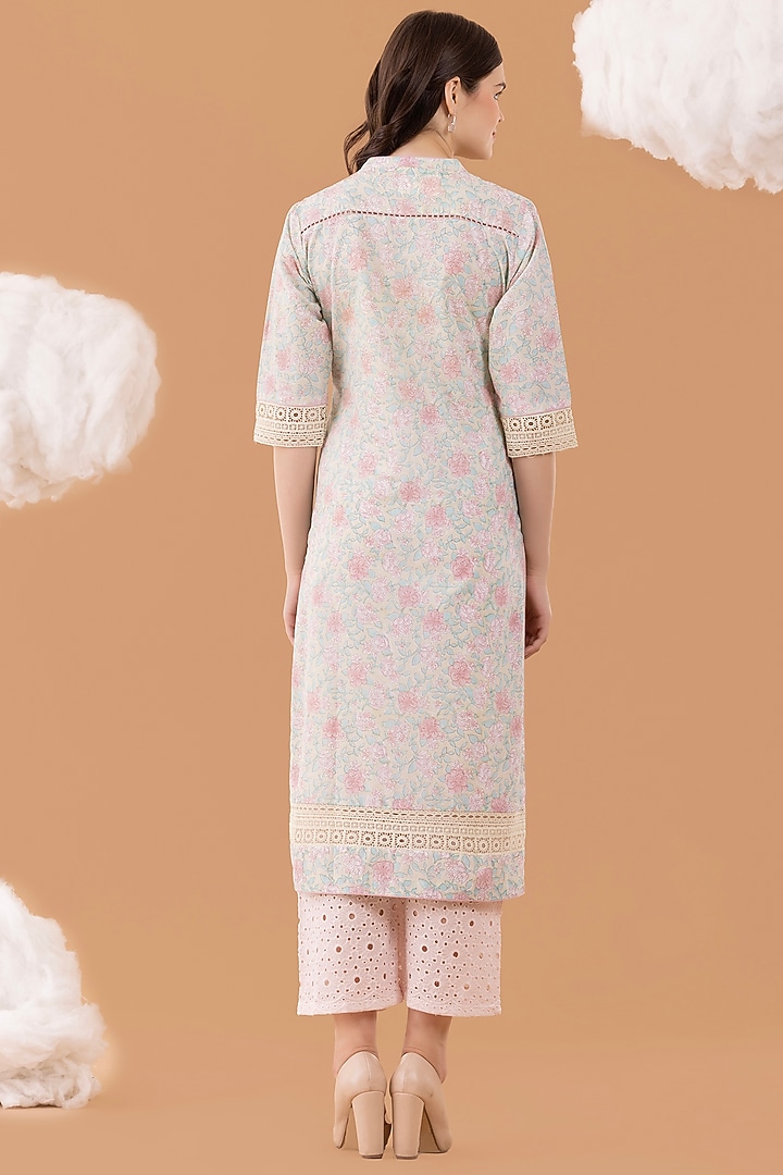 Pastel Mint & Pink Textured Cotton Printed Kurta Set by NAINA ARUNIMA at Pernia's Pop Up Shop