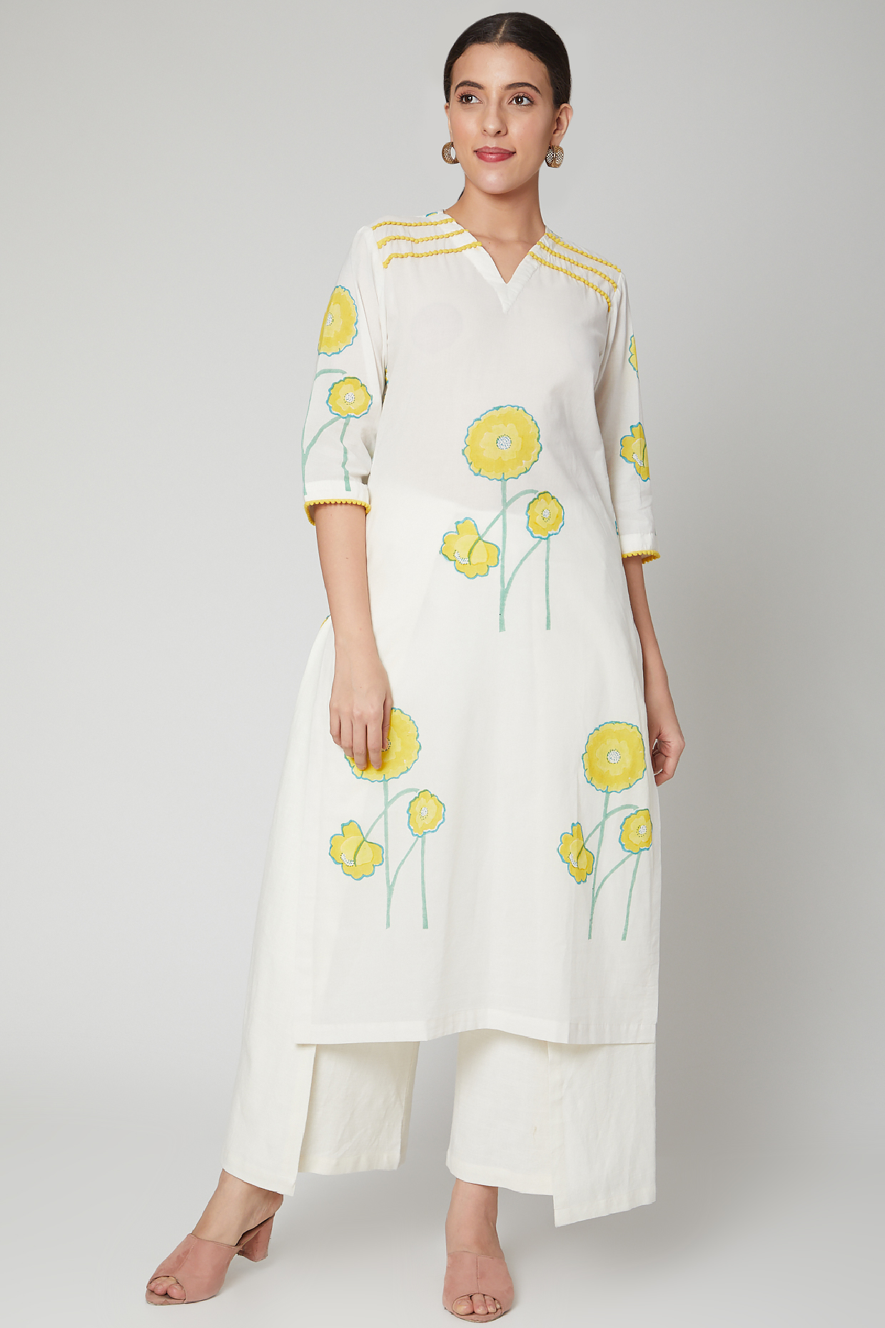 White & Buttercup Printed Kurta by NAINA ARUNIMA at Pernia's Pop Up Shop