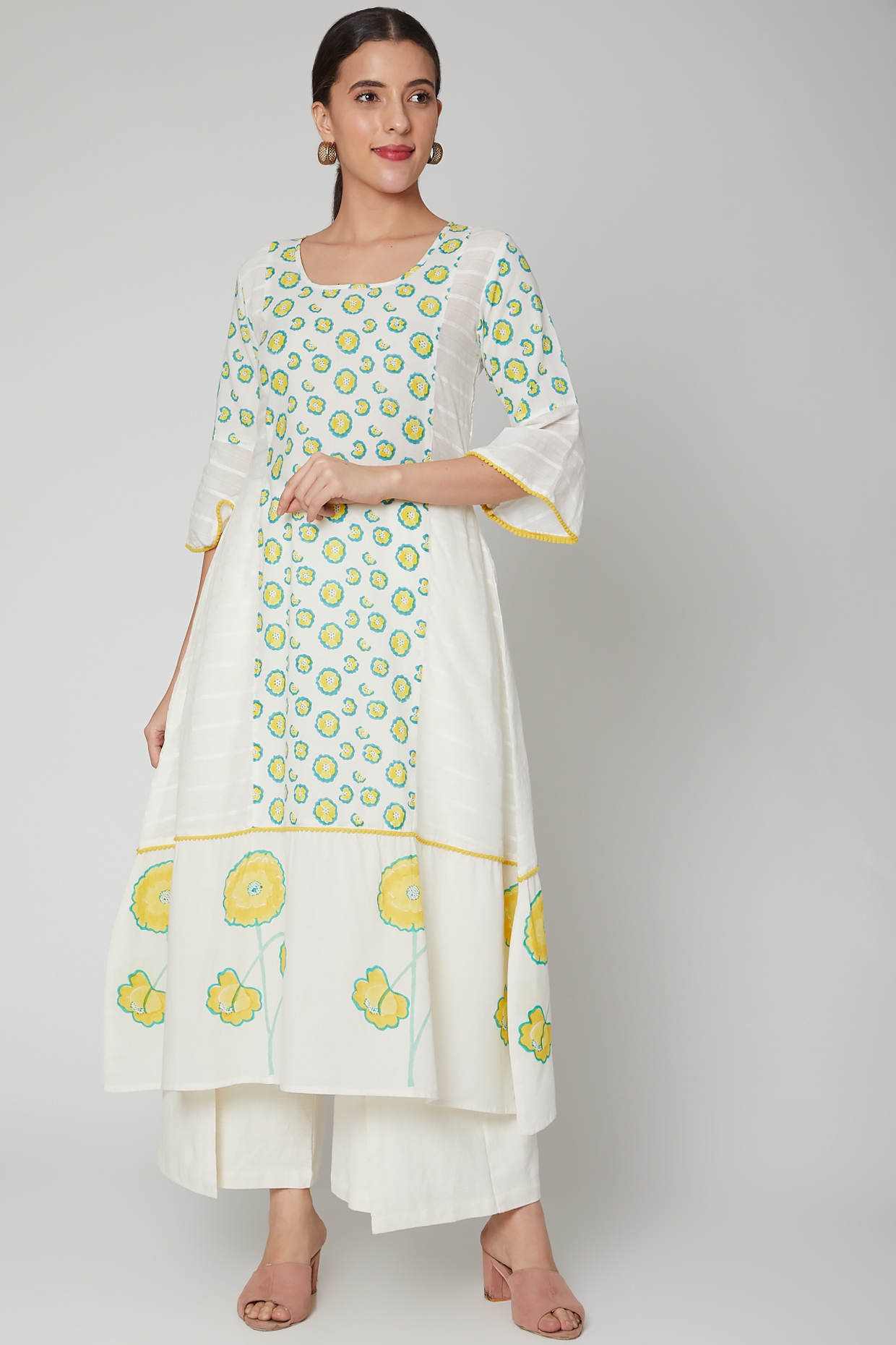 White & Buttercup Printed Kurta With Bell Sleeves by NAINA ARUNIMA at Pernia's Pop Up Shop
