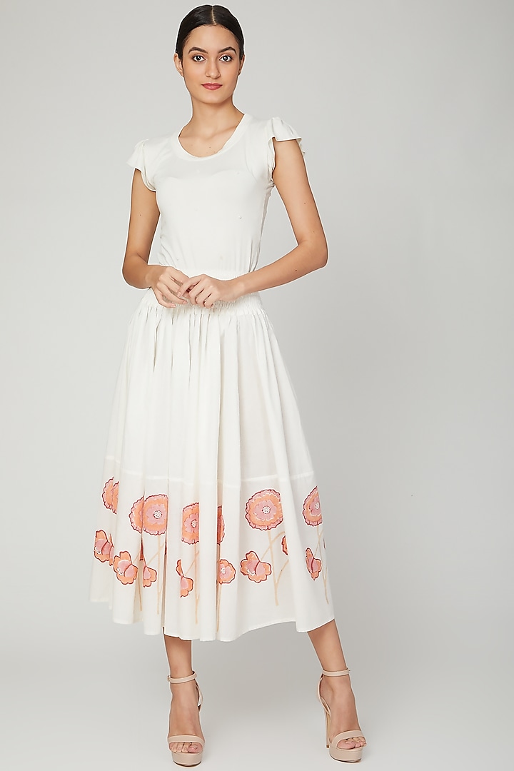 Coral & White Flared Skirt by NAINA ARUNIMA