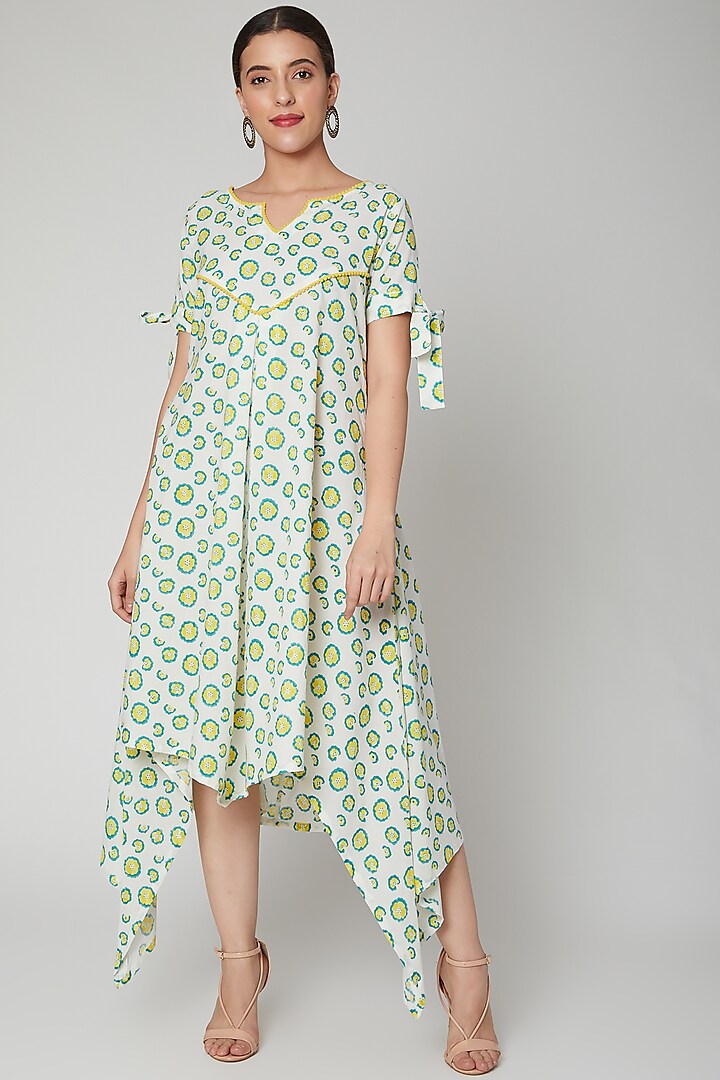 Green & Buttercup Dress With Bow Tie by NAINA ARUNIMA