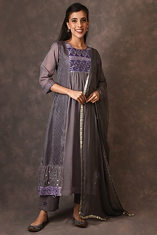 Grey & Purple Hand Blocked Printed Kurta Set by NAINA ARUNIMA