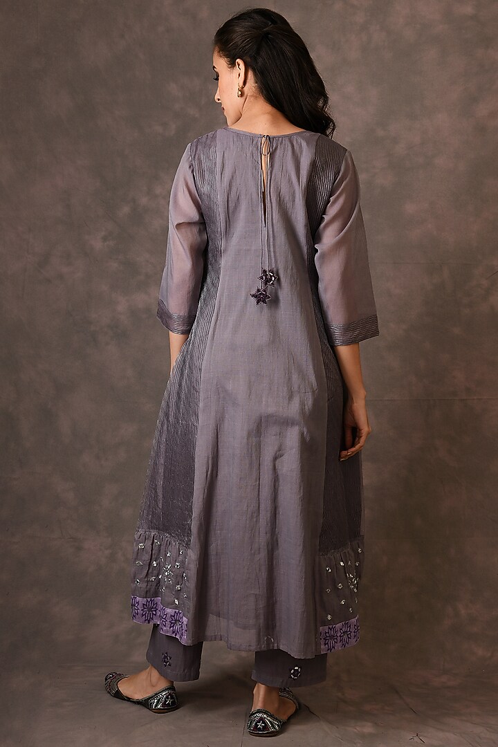 Grey & Purple Hand Blocked Printed Kurta Set by NAINA ARUNIMA at Pernia's Pop Up Shop