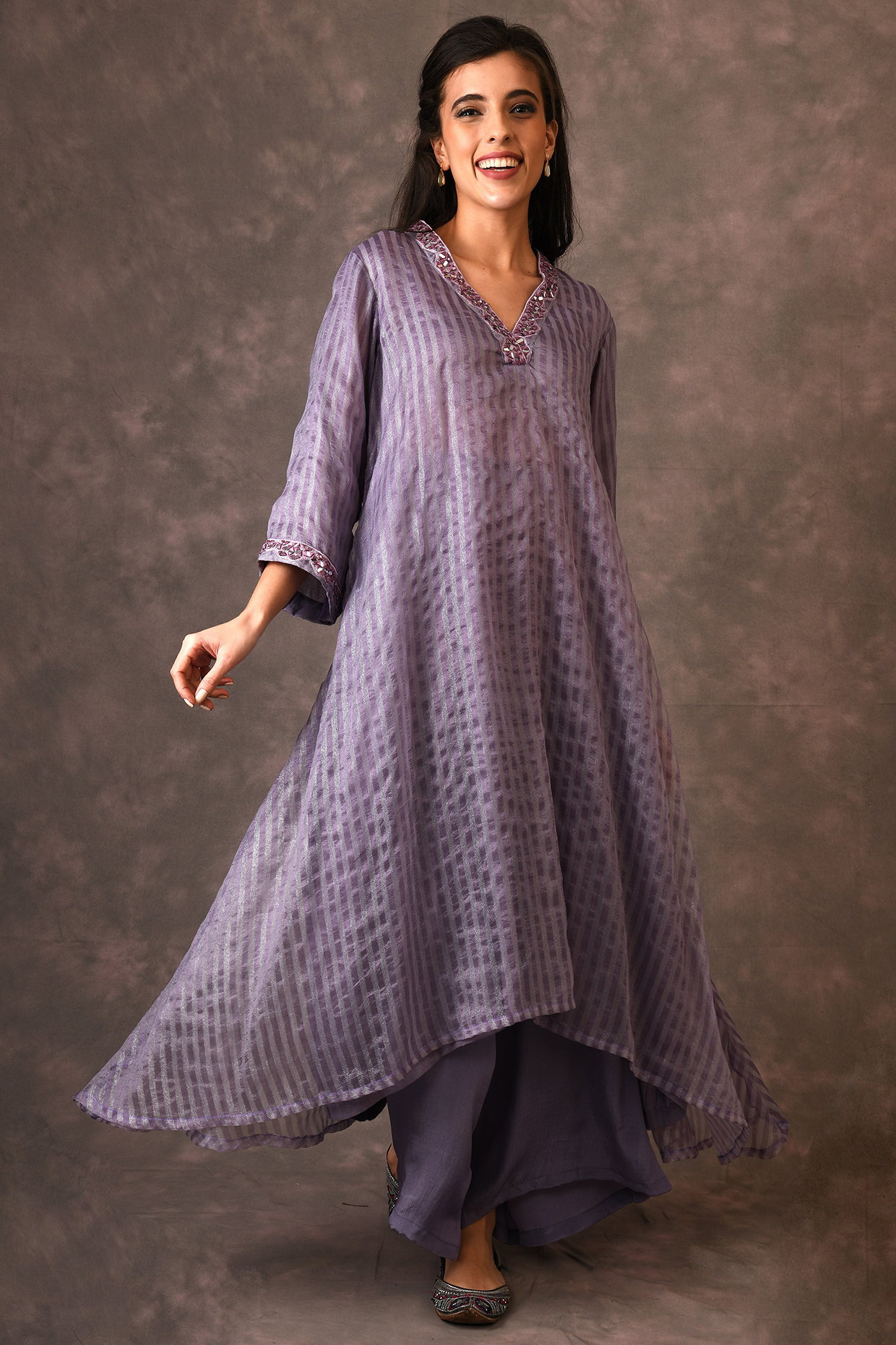 Lavender Asymmetrical Embroidered Kurta Set by NAINA ARUNIMA at Pernia's Pop Up Shop
