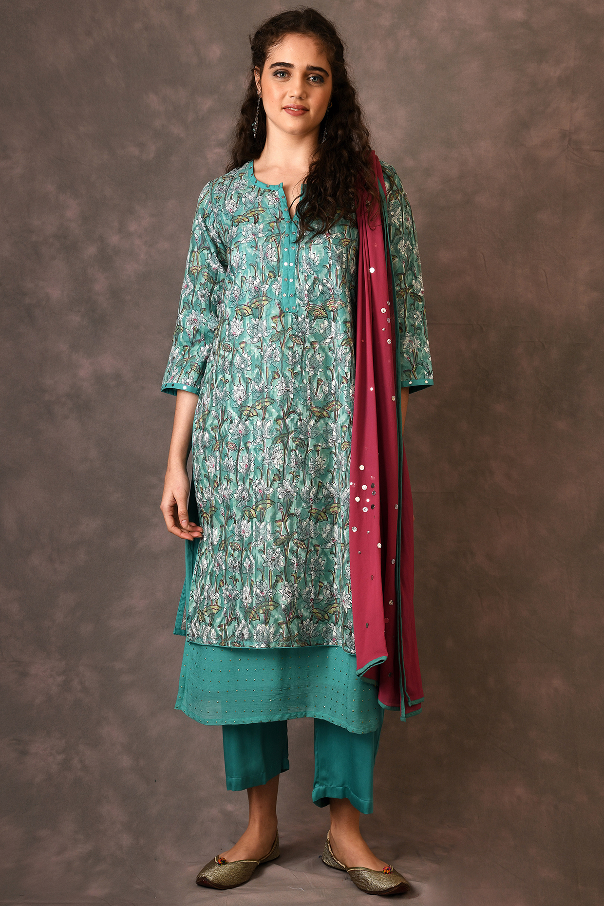 Turquoise & Magenta Hand Blocked Printed Kurta Set by NAINA ARUNIMA at Pernia's Pop Up Shop