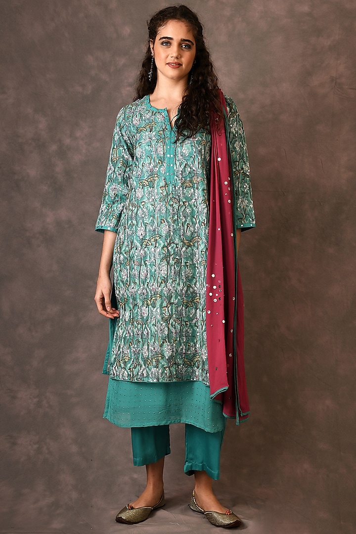 Turquoise & Magenta Hand Blocked Printed Kurta Set by NAINA ARUNIMA at Pernia's Pop Up Shop