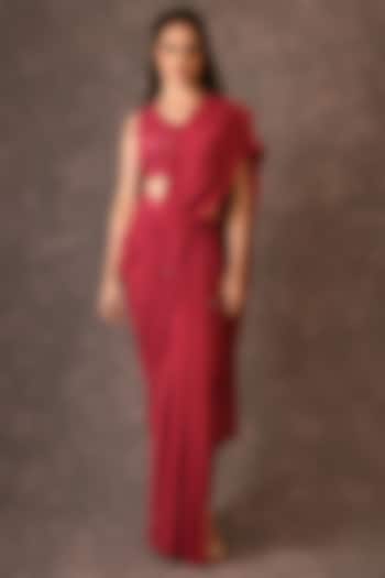Rose Wine Georgette Pre-Draped Saree Set by NAINA ARUNIMA