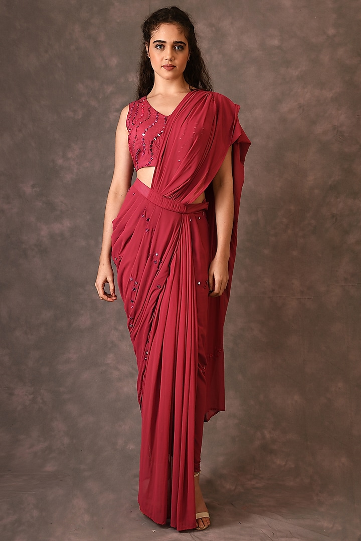 Rose Wine Georgette Pre-Draped Saree Set by NAINA ARUNIMA at Pernia's Pop Up Shop