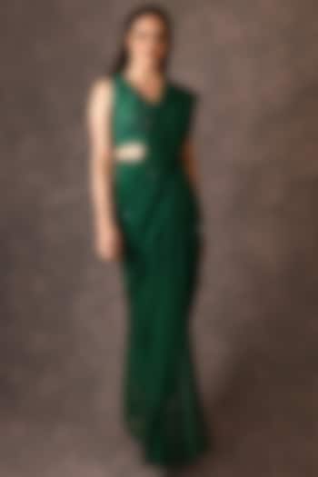 Fern Green Georgette Pre-Draped Saree Set by NAINA ARUNIMA