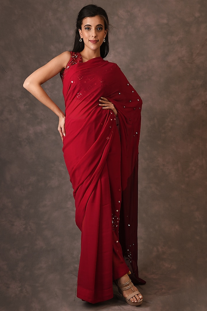 Persian Red Georgette Saree Set by NAINA ARUNIMA