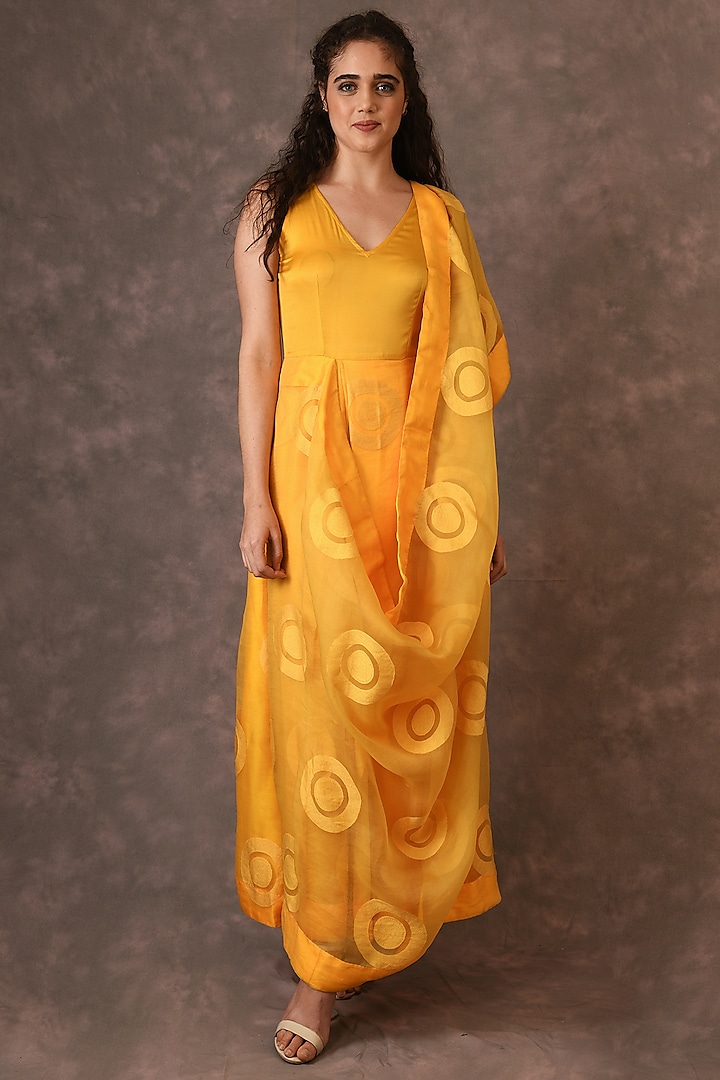 Deep Yellow Silk Organza Gown Saree by NAINA ARUNIMA