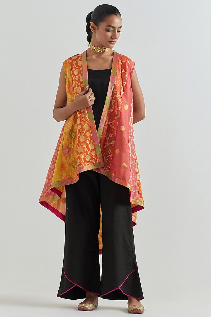 Yellow & Coral Brocade Sleeveless Jacket by Naina Arunima at Pernia's Pop Up Shop