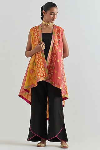Yellow & Coral Brocade Sleeveless Jacket by Naina Arunima