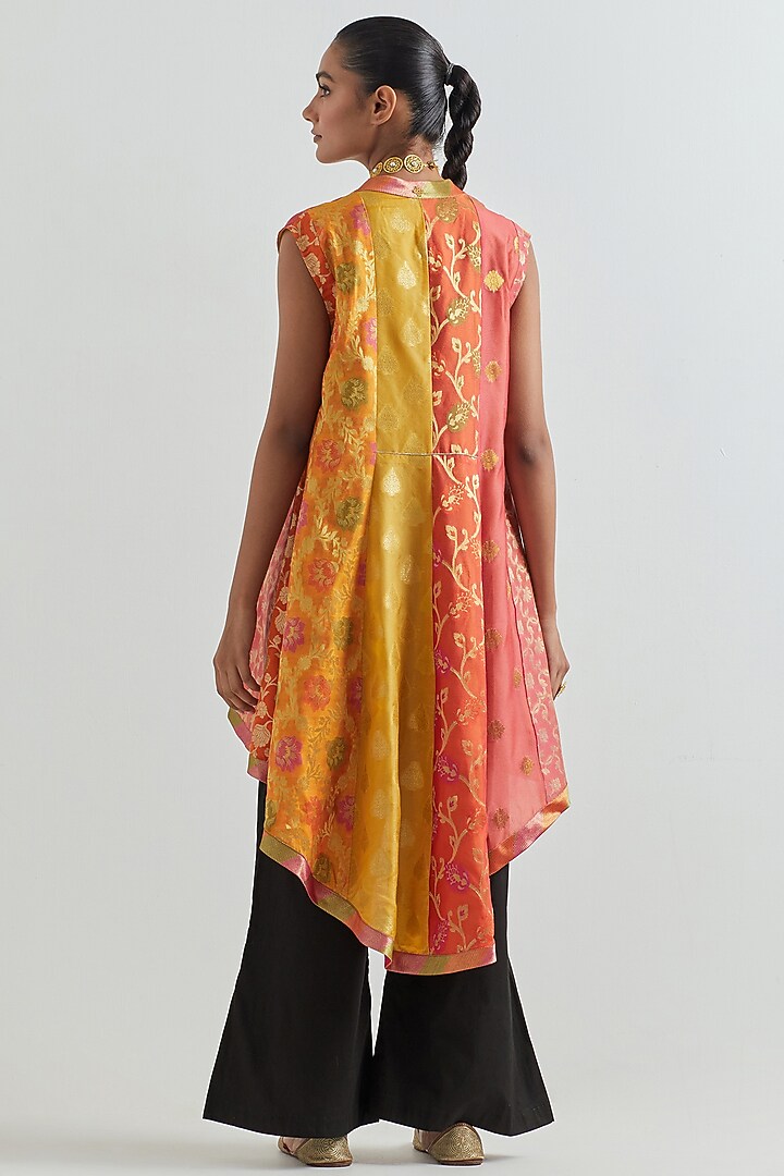 Yellow & Coral Brocade Sleeveless Jacket by Naina Arunima at Pernia's Pop Up Shop