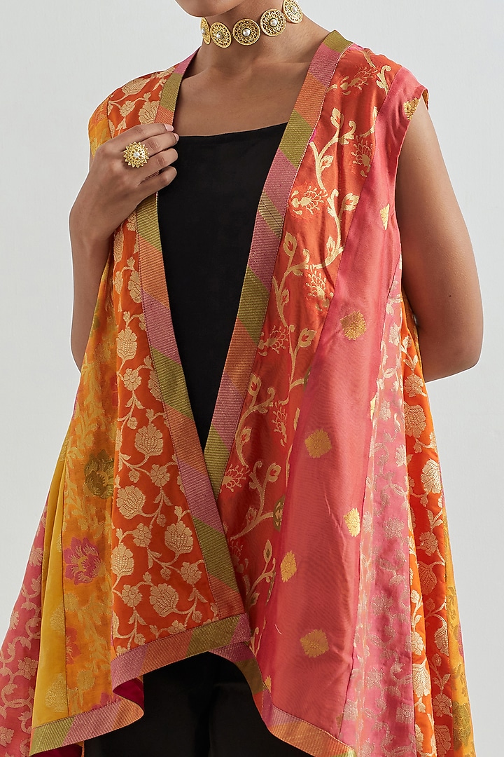 Yellow & Coral Brocade Sleeveless Jacket by Naina Arunima at Pernia's Pop Up Shop