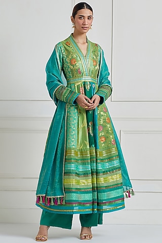Parrot & Emerald Green Brocade Anarkali Set by Naina Arunima