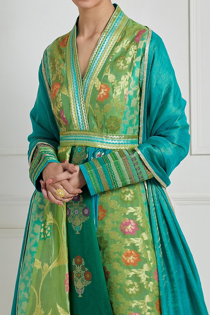 Parrot & Emerald Green Brocade Wedding Anarkali Set by Naina Arunima at Pernia's Pop Up Shop