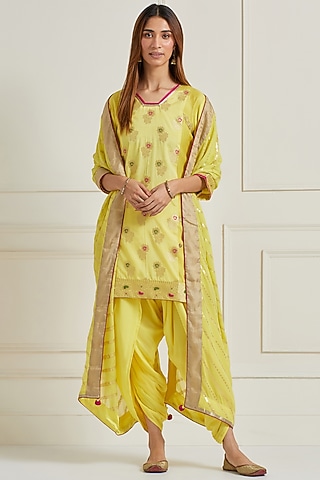 Lemon Yellow Georgette Brocade Kurta Set by Naina Arunima