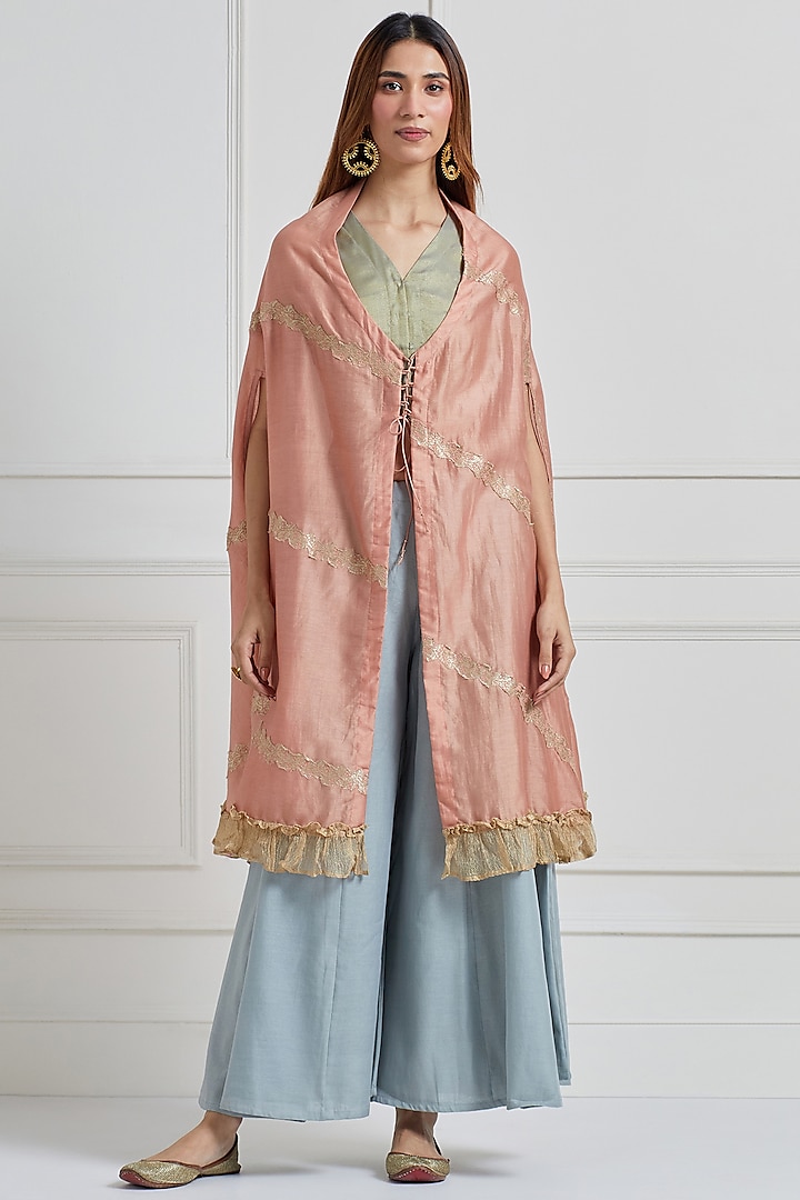 Dull Rose Chanderi Zardosi Embroidered Cape Set by Naina Arunima at Pernia's Pop Up Shop