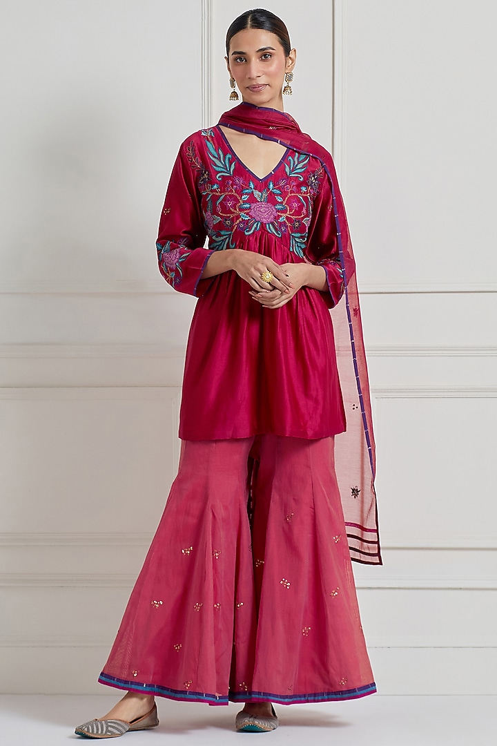 Crimson Red Chanderi Kalidar Sharara Set by Naina Arunima at Pernia's Pop Up Shop