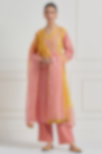 Terracotta & Yellow Chanderi Hand Embroidered Kurta Set by Naina Arunima at Pernia's Pop Up Shop