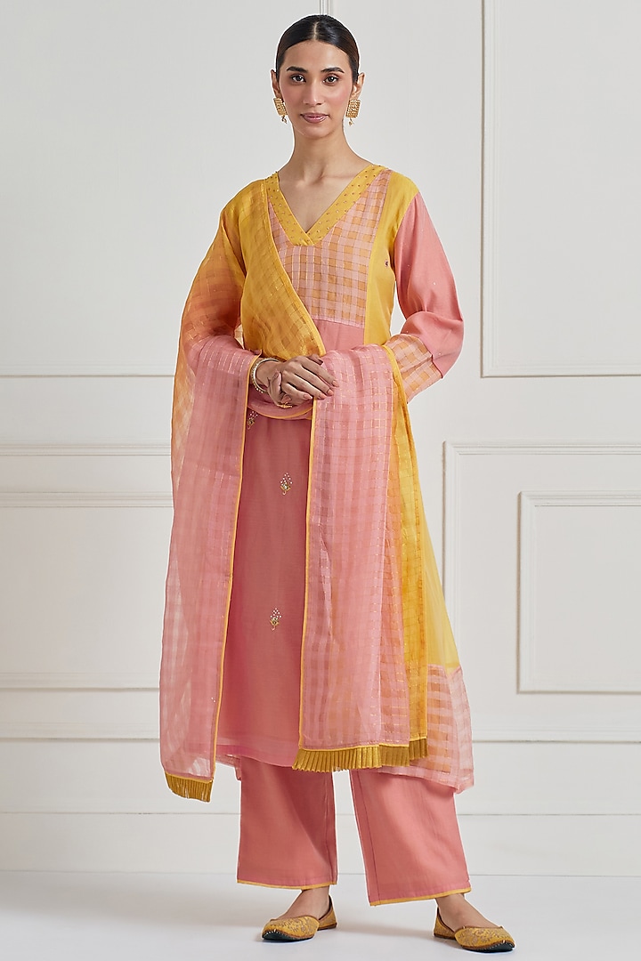 Terracotta & Yellow Chanderi Hand Embroidered Kurta Set by Naina Arunima at Pernia's Pop Up Shop