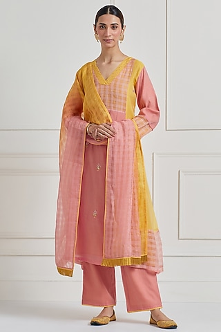 Terracotta & Yellow Chanderi Hand Embroidered Kurta Set by Naina Arunima