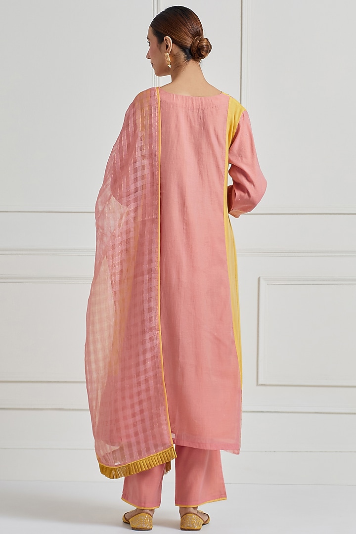 Terracotta & Yellow Chanderi Hand Embroidered Kurta Set by Naina Arunima at Pernia's Pop Up Shop