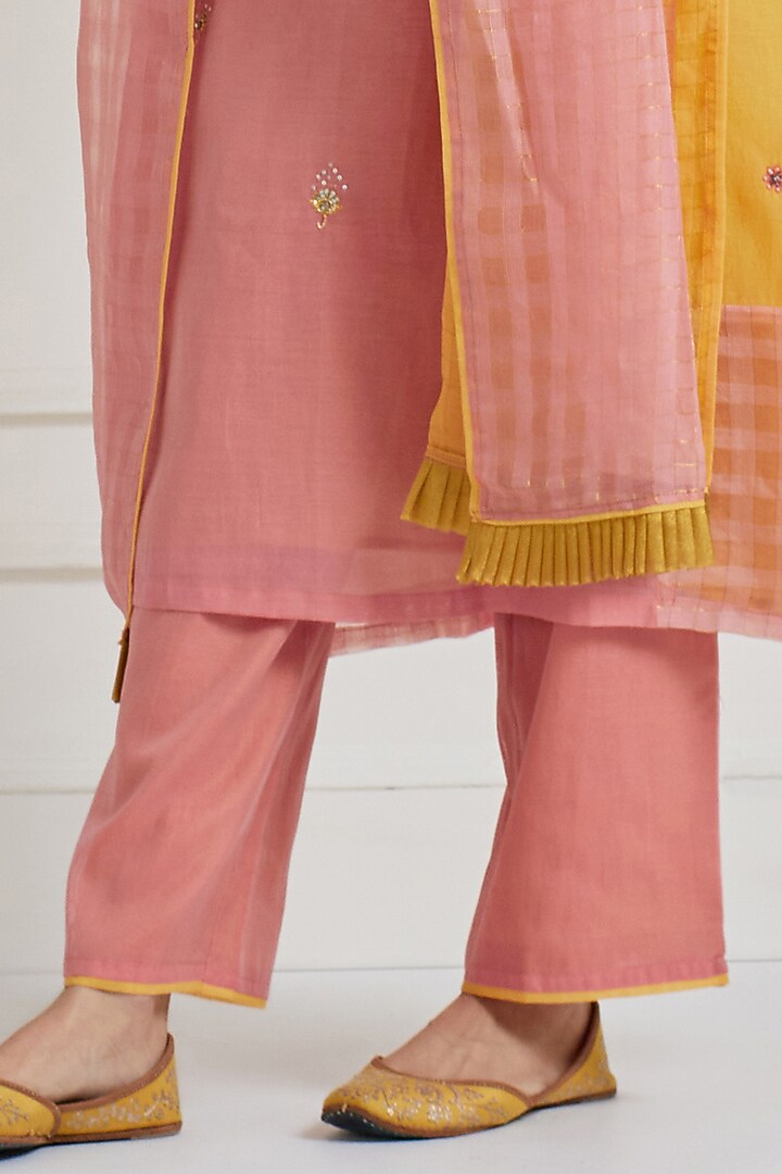 Terracotta & Yellow Chanderi Hand Embroidered Kurta Set by Naina Arunima at Pernia's Pop Up Shop