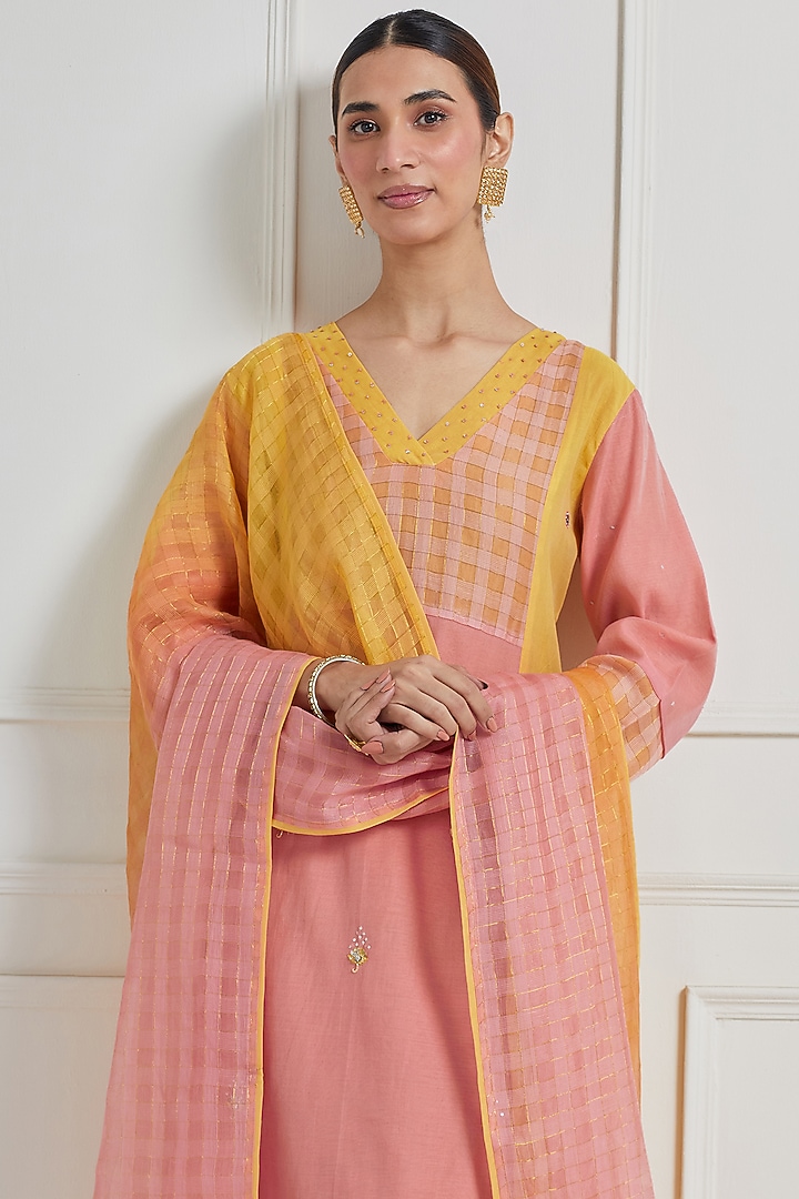 Terracotta & Yellow Chanderi Hand Embroidered Kurta Set by Naina Arunima at Pernia's Pop Up Shop