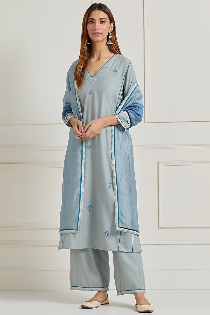 Sea Grey Chanderi Motif Embroidered Kurta Set by Naina Arunima at Pernia's Pop Up Shop