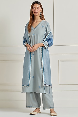 Sea Grey Chanderi Motif Embroidered Kurta Set by Naina Arunima