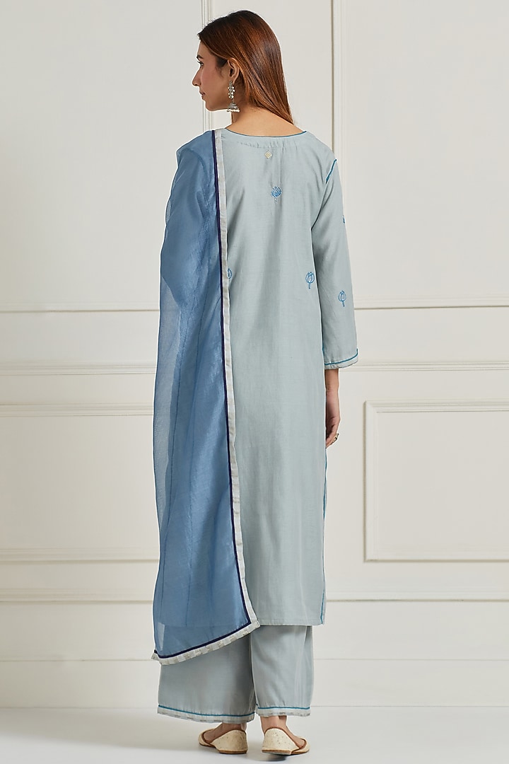 Sea Grey Chanderi Motif Embroidered Kurta Set by Naina Arunima at Pernia's Pop Up Shop