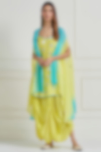 Lemon Yellow Silk Zari Cutwork Kurta Set With Jacket by Naina Arunima at Pernia's Pop Up Shop