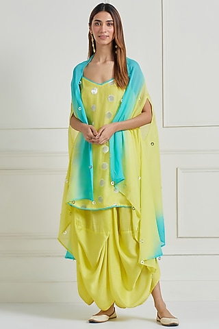 Lemon Yellow Silk Zari Cutwork Kurta Set With Jacket by Naina Arunima