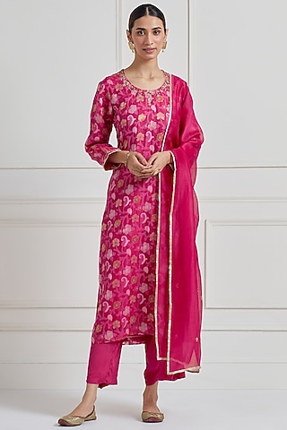 Pink Pure Silk Zardosi Embroidered Kurta Set by Naina Arunima
