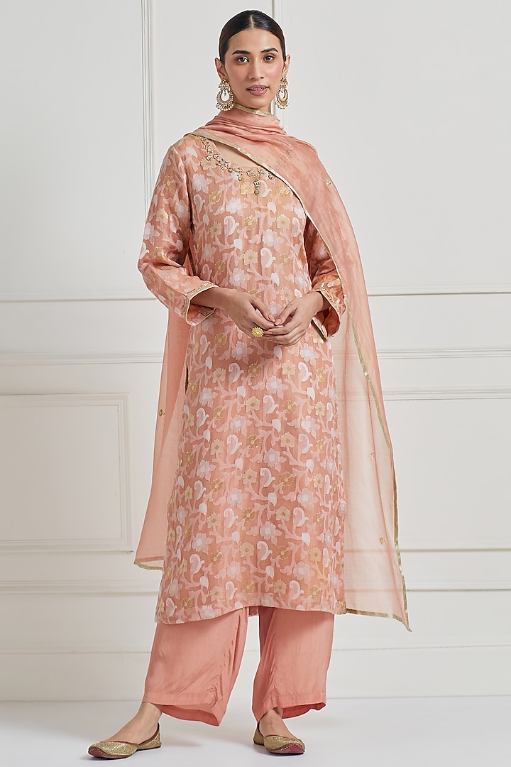 Dull Rose Pure Silk Zardosi Embroidered Kurta Set by Naina Arunima at Pernia's Pop Up Shop