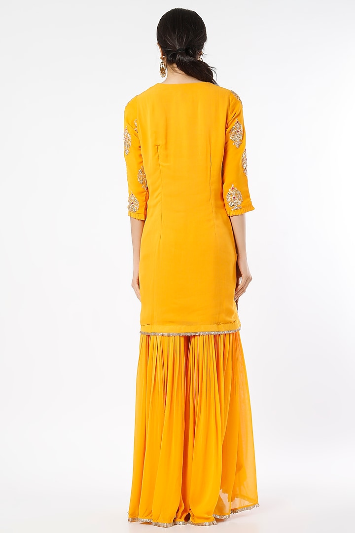 Mustard Crepe Chiffon Party Wear Sharara Set by NIsha Ajmera at Pernia's Pop Up Shop