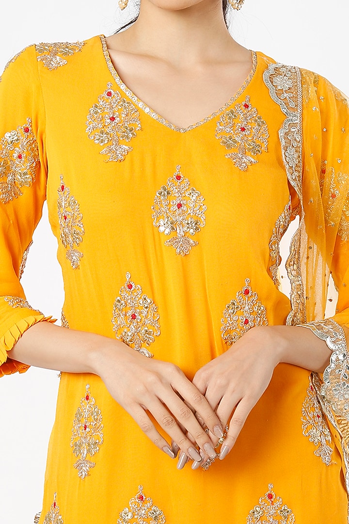 Mustard Crepe Chiffon Party Wear Sharara Set by NIsha Ajmera at Pernia's Pop Up Shop