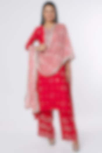 Red Dupion Silk Embroidered Kurta Set by NIsha Ajmera