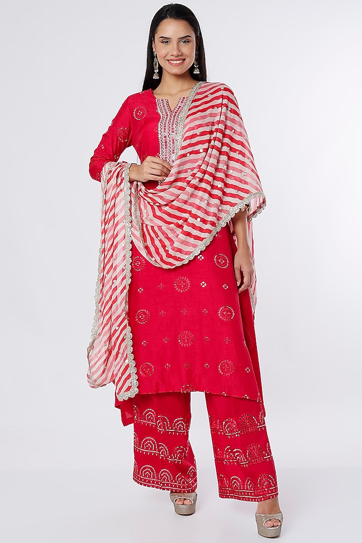 Red Dupion Silk Embroidered Kurta Set by NIsha Ajmera