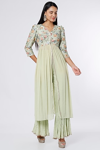 Mint Dupion Silk & Crepe Chiffon Tunic Set by NIsha Ajmera