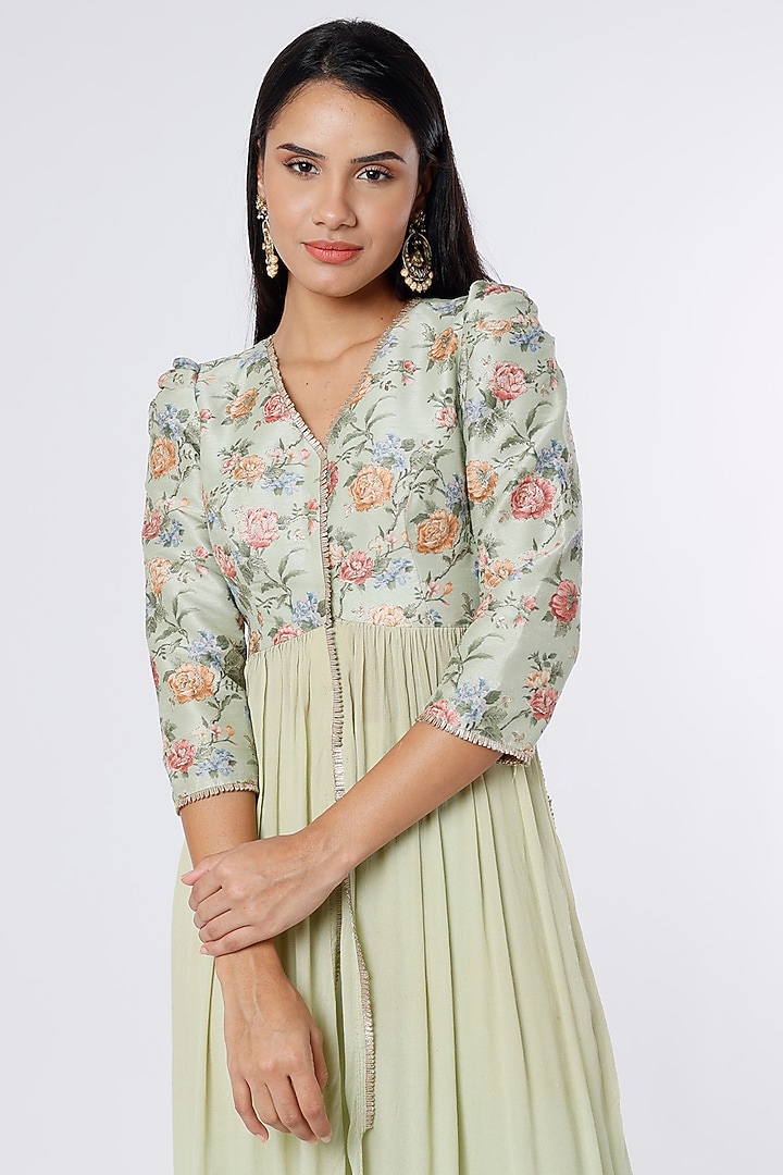 Mint Dupion Silk & Crepe Chiffon Tunic Set by NIsha Ajmera at Pernia's Pop Up Shop