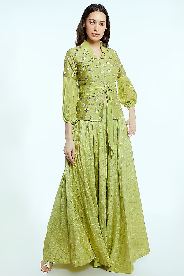 Mint Green Embroidered Banarasi Skirt Set by NIsha Ajmera