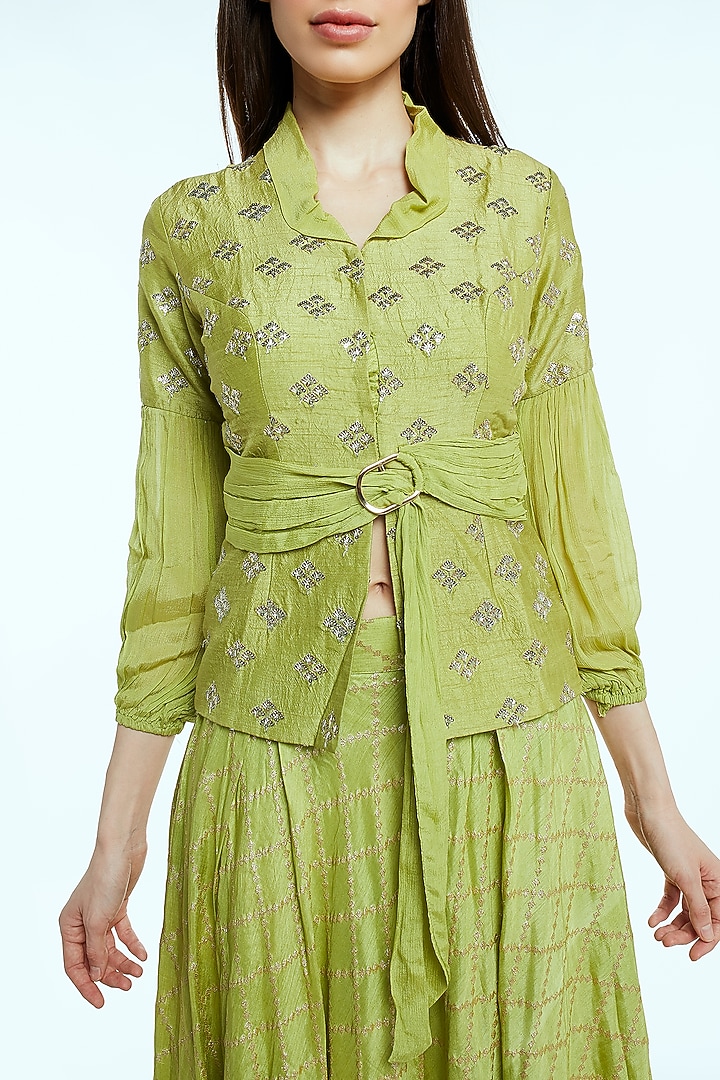 Mint Green Embroidered Banarasi Skirt Set by NIsha Ajmera at Pernia's Pop Up Shop