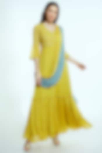 Yellow Embroidered Draped Saree Gown by NIsha Ajmera