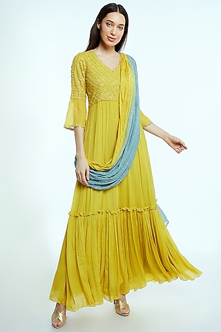 Yellow Embroidered Draped Saree Gown by NIsha Ajmera