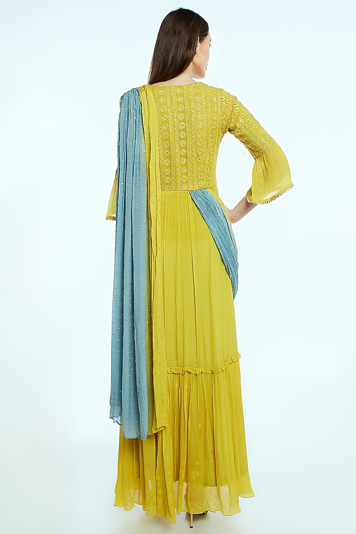 Yellow Embroidered Draped Party Wear Saree Gown by NIsha Ajmera at Pernia's Pop Up Shop