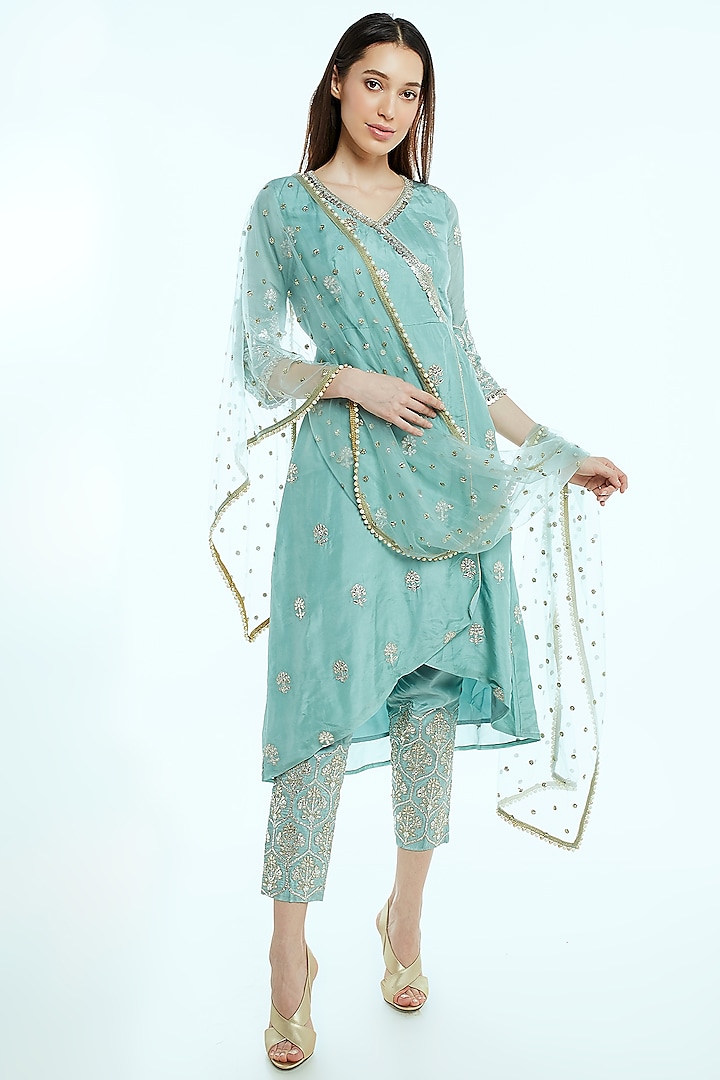 Sky Blue Embroidered Wrap Kurta Set by NIsha Ajmera