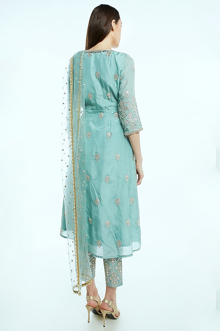Sky Blue Embroidered Wrap Kurta Set by NIsha Ajmera at Pernia's Pop Up Shop